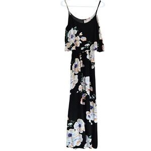Milan Kiss Black Floral Maxi Dress Spaghetti Strap Ruffle - sz L